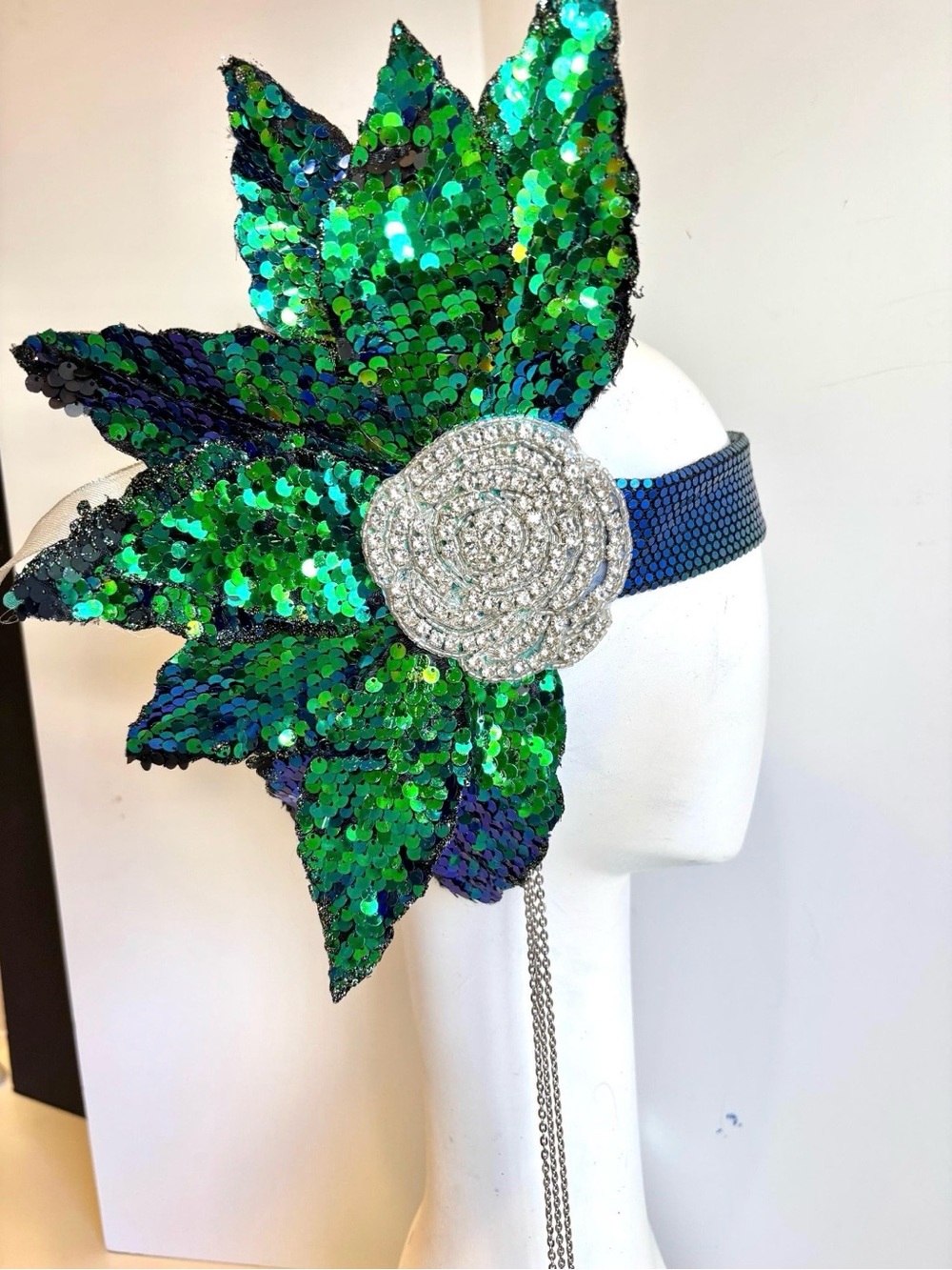 Green Sequin Floral Headband with Silver Rose Accent